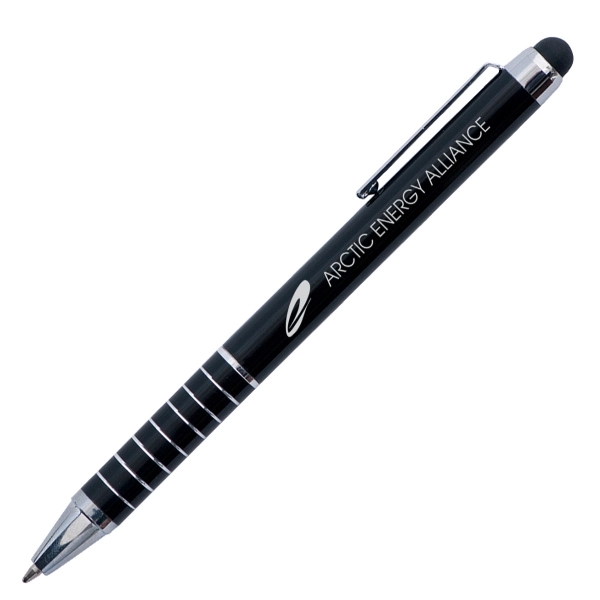 Aluminum twist action pen and stylus with silver trim.... from ASI 42920 Busrel Inc