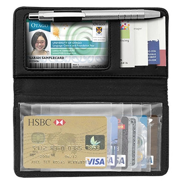 Nappa leatherette checkbook cover with multiple card slots and a pen... from ASI 90075 ZZ DROPPED - Sunscope / Affinity®