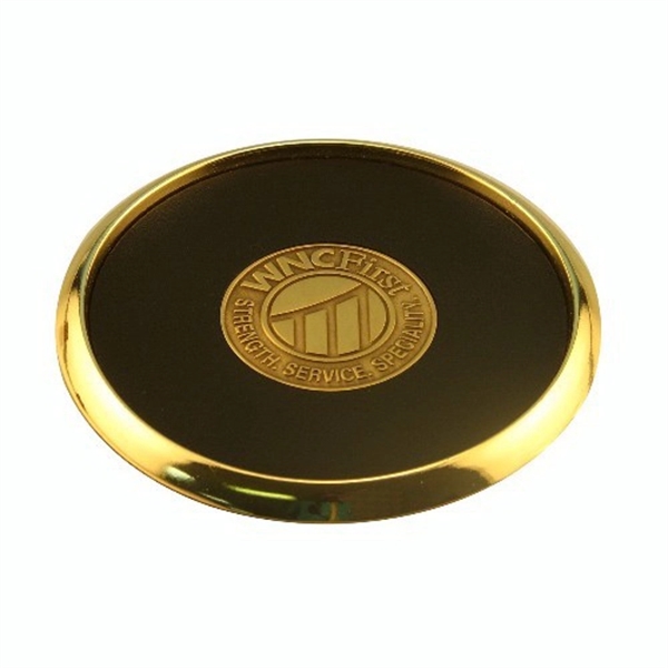 Metal coaster with center die cast coin and leather insert.... from ASI 88156 Solid Dimensions Inc / Solid Dimensions Line