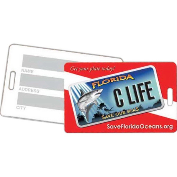 Durable small plastic luggage tags feature high-quality offset printing for long-lasting... from ASI 42393 Budgetcard Inc