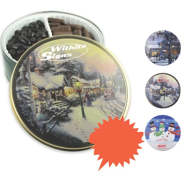 Warm Wishes tin filled with chocolate covered Oreos... from ASI 44900 NC Custom (CI/Lanco) / Chocolate Inn/Taylor & Grant