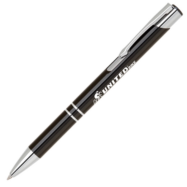 Stylish plunge action metal pen with polish silver accents.... from ASI 40544 Binaco