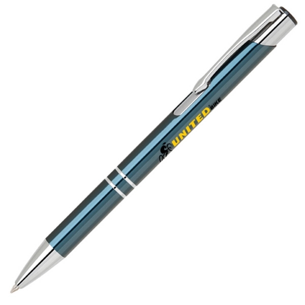 Stylish plunge action metal pen with polish silver accents.... from ASI 40544 Binaco