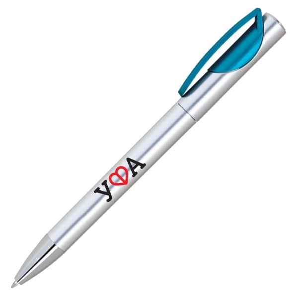 Plastic twist action pen with a silver barrel and color trims.... from ASI 40544 Binaco