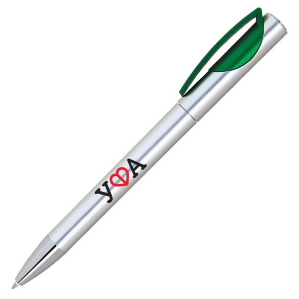 Plastic twist action pen with a silver barrel and color trims.... from ASI 40544 Binaco