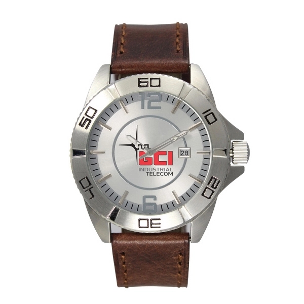Men's and women's silver watch with brown leather strap, a second... from ASI 86230 Selco