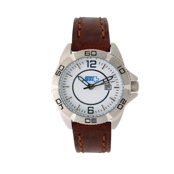 Men's and women's silver watch with brown leather strap, a second... from ASI 86230 Selco
