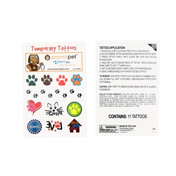 A sheet of 11 pet themed temporary tattoos that are applied... from ASI 92980 WOV-IN® / Promopet