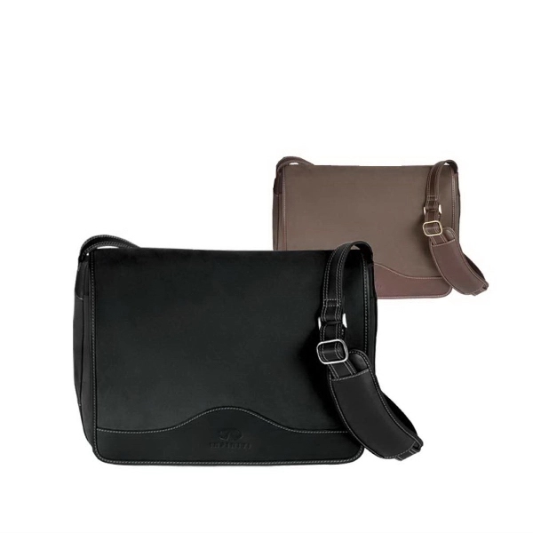 Messenger bag made with mix of suede-like twill and cowhide leather.... from ASI 57702 GoodHopeBags, Inc.