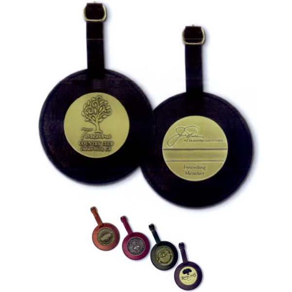 3 1/2" round leather bag tag with (2) 2" Medallions.... from ASI 67961 Lorente LLC / Lorente