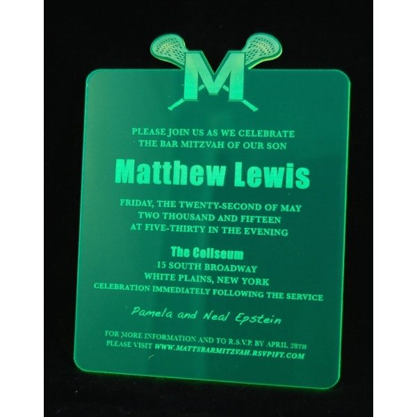 Laser-engraved, acrylic invitations measure 5" x 7" to fit standard-sized envelopes... from ASI 92531 Unique Custom Products / UCP