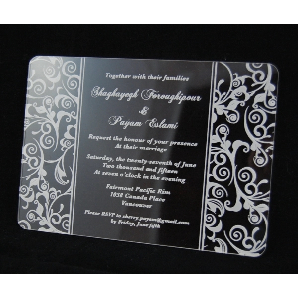 Laser-engraved, acrylic invitations measure 5" x 7" to fit standard-sized envelopes... from ASI 92531 Unique Custom Products / UCP