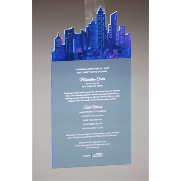 Color-printed, acrylic invitations measure 4" x 5" to fit standard-sized envelopes... from ASI 92531 Unique Custom Products / UCP