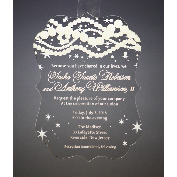 Color-printed, acrylic invitations measure 5" x 7" to fit standard-sized envelopes... from ASI 92531 Unique Custom Products / UCP