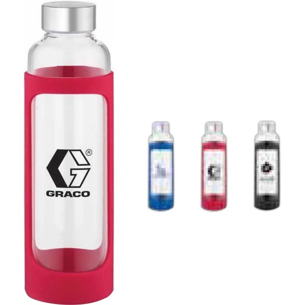20 ounce glass water bottle with colored silicone sleeve and stainless... from ASI 88060 Snugz/USA Inc / Sweda®