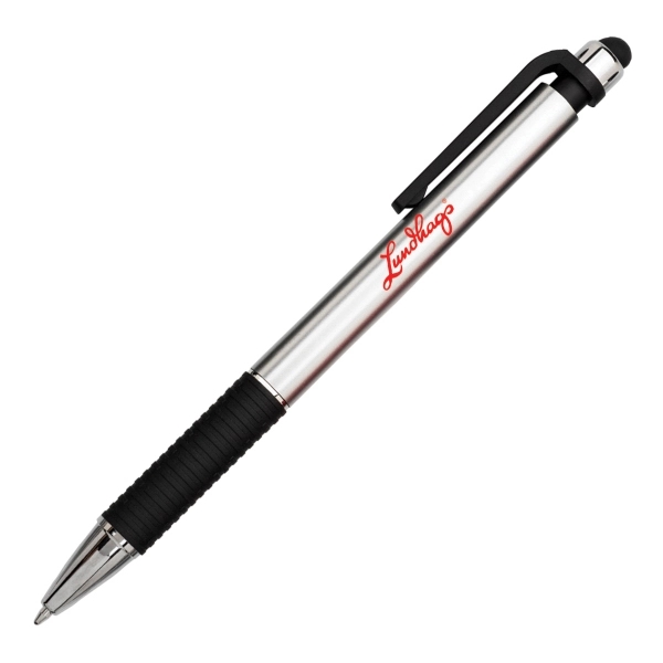 Plunger-action plastic ballpoint pen with soft rubber grip, black trim and... from ASI 40544 Binaco / Binaline