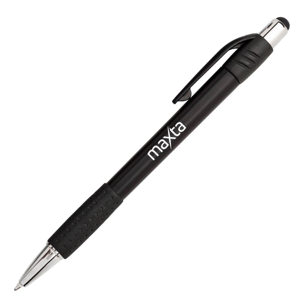Plunge-action plastic black barrel ballpoint pen with rubberized grip and soft... from ASI 40544 Binaco