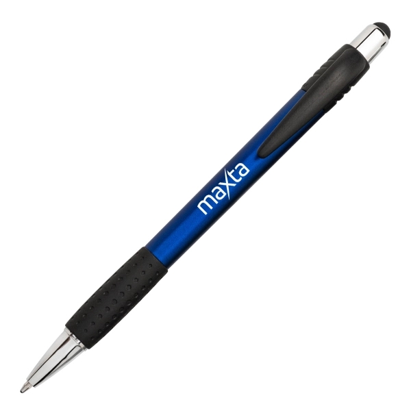 Plunge-action plastic black barrel ballpoint pen with rubberized grip and soft... from ASI 40544 Binaco