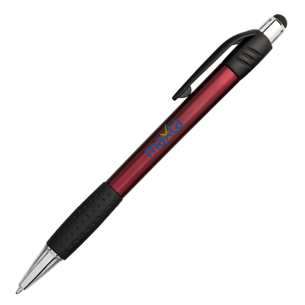Plunge-action plastic black barrel ballpoint pen with rubberized grip and soft... from ASI 40544 Binaco