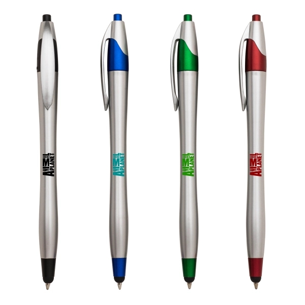 Dylan plunge-action plastic silver barrel ballpoint pen with hourglass barrel design.... from ASI 40544 Binaco