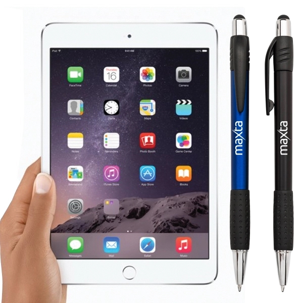 Plunge-action plastic black barrel ballpoint pen with rubberized grip and soft... from ASI 40544 Binaco