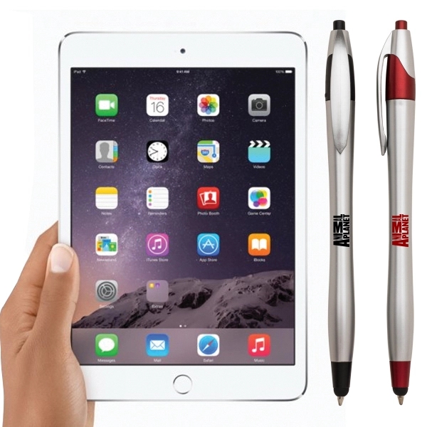 Dylan plunge-action plastic silver barrel ballpoint pen with hourglass barrel design.... from ASI 40544 Binaco