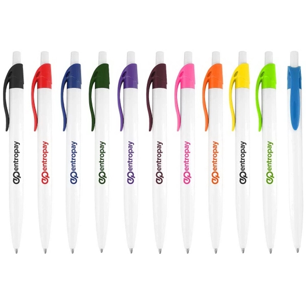 Plastic solid white barrel pen with colored clip.... from ASI 52387 Empire USA / Pens Line USA
