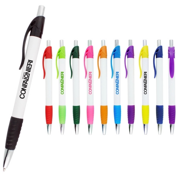 Plunger action white plastic pen with rubber colored grip and accents.... from ASI 52387 Empire USA / Pens Line USA