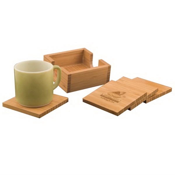 Customizable 4 piece bamboo coaster set with holder.... from ASI 72657 Active Life Promo / Apres Ski Ingrain Promo