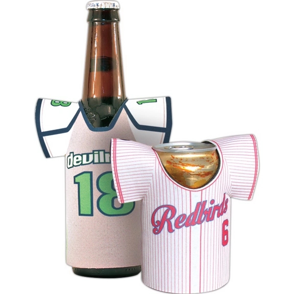 Insulated beverage sleeve in the shape of a jersey with sleeves... from ASI 56100 Gemini Ind Inc / Cool Color Line