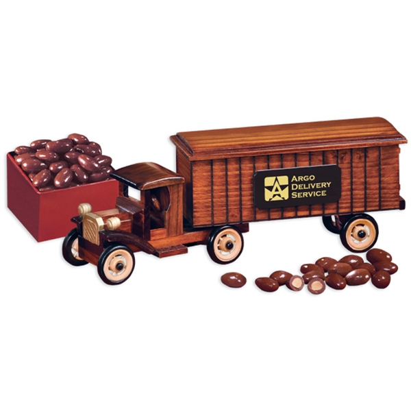 1930-era tractor-trailer truck packed with chocolate covered almonds.... from ASI 68680 Maple Ridge Farms Inc