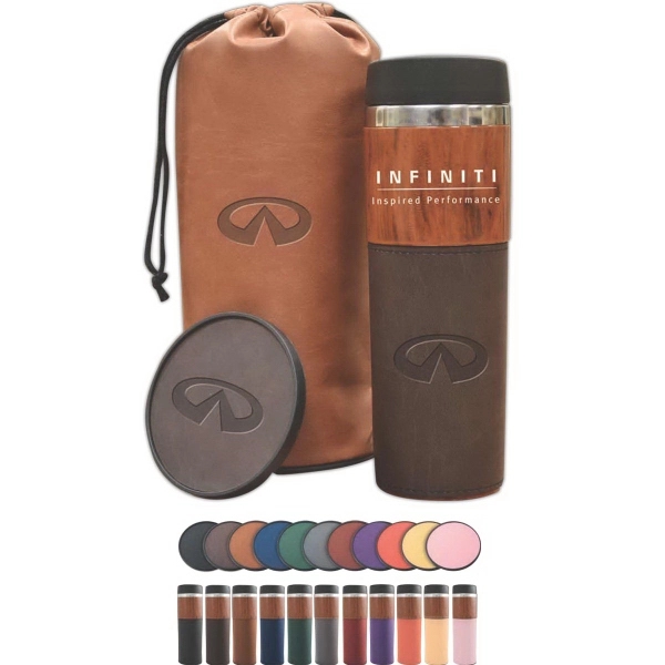 14 oz. polyurethane woodgrain-finished travel tumbler with lid and drink coaster... from ASI 71920 Moderne Glass Company Inc / MB Works Premium Line