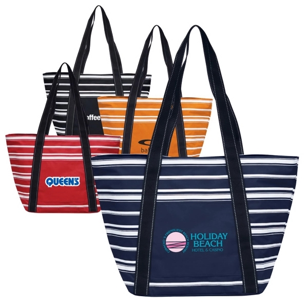 Eye-catching tote with stripes and contrast stitching.  Made of 600D... from ASI 79384 Preferred Nation Inc / Preferred Nation