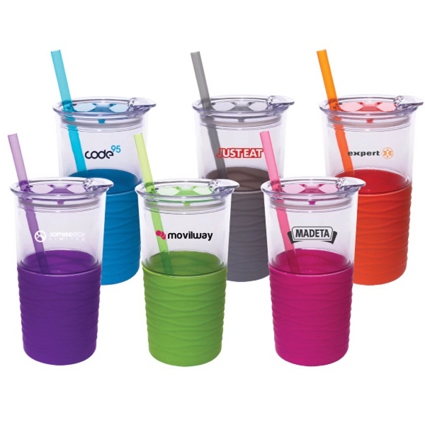 Tumbler with color silicone sleeve, straw and slider lid.... from ASI 99030 Zipline
