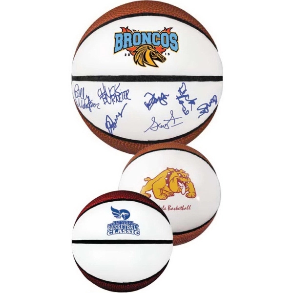 Mini signature synthetic leather basketball with white autograph panels.... from ASI 55675 Galaxy Balloons Inc / Galactic Fun Time Line