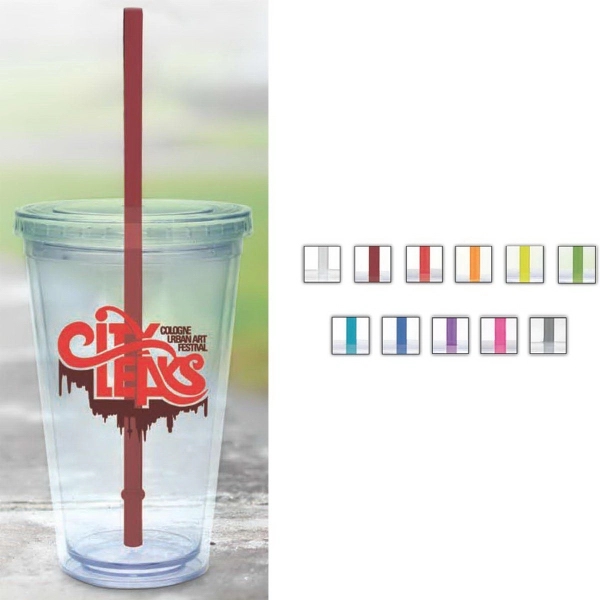20 oz. clear tumbler with double-wall construction, lid and colored straw.... from ASI 71920 Moderne Glass Company Inc / Glass America®