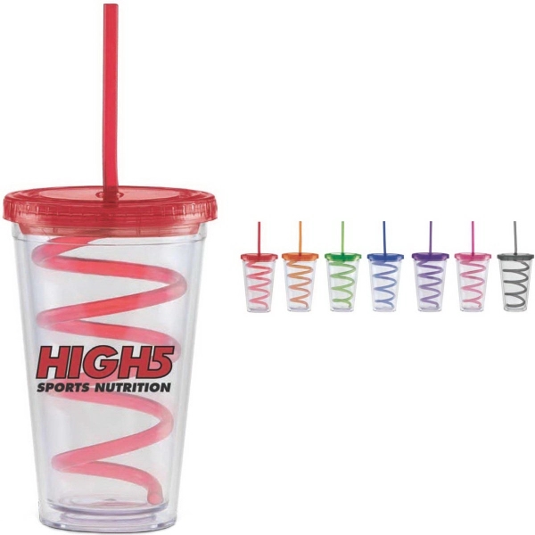 16 oz. Clear tumbler with colored curly straw and lid.... from ASI 71920 Moderne Glass Company Inc / Glass America®
