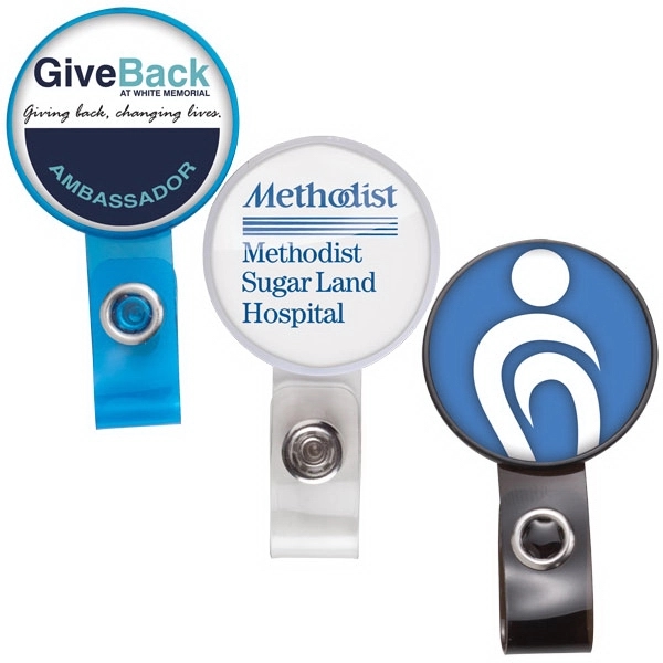 Badge holder with round shape decorating area and swivel bulldog clip... from ASI 49470 DEVARA