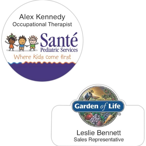 Customized shaped UV inkjet badge with pin fastener in assorted sizes.... from ASI 59080 Halls & Company