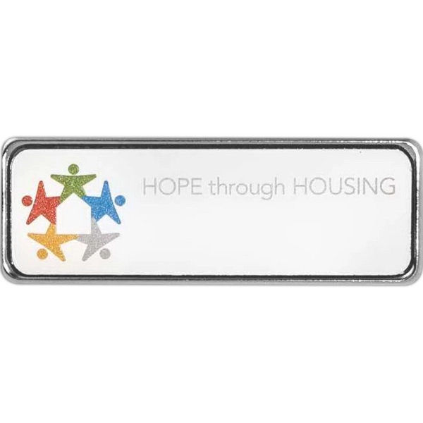 1/16" thick rectangular badge with a pin backing closure.... from ASI 59080 Halls & Company