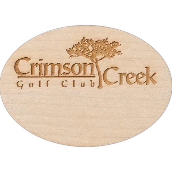 Customizable laminate laser-engraved 1/16" thick wood badges with pin fastener.... from ASI 59080 Halls & Company