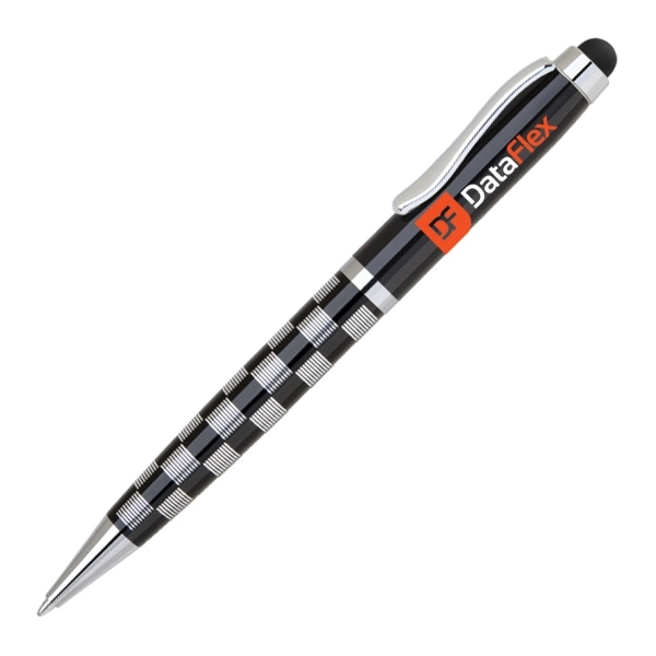 Beautifully heavy checkered metal twist action pen with stylus. Chrome accents,... from ASI 40544 Binaco / Binaline