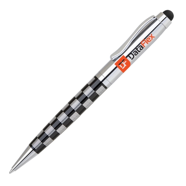 Beautifully heavy checkered metal twist action pen with stylus. Chrome accents,... from ASI 40544 Binaco / Binaline