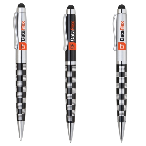 Beautifully heavy checkered metal twist action pen with stylus. Chrome accents,... from ASI 40544 Binaco / Binaline