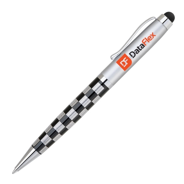 Beautifully heavy checkered metal twist action pen with stylus. Chrome accents,... from ASI 40544 Binaco / Binaline