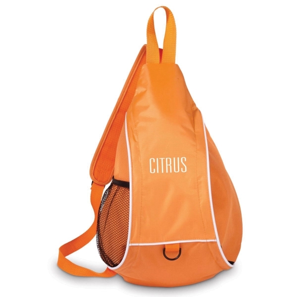 Sling-style backpack with central compartment, side mesh pockets, and front utility... from ASI 68507 The Magnet Group / The Bag Factory®