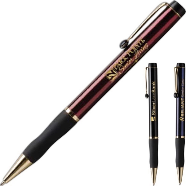 Twist-action ballpoint pen with rubber grip, black ink, and 24 karat... from ASI 61966 HPG / Hub Pen