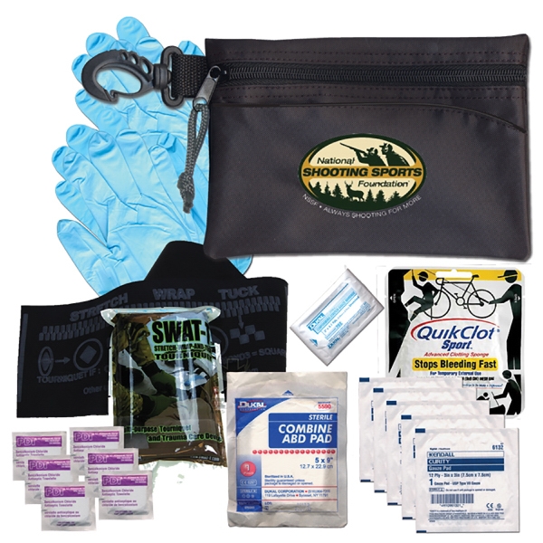 Nylon pouch filled with clotting gauze, tourniquet, gauze roll, protective gloves,... from ASI 80882 Ready 4 Kits