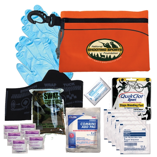 Nylon pouch filled with clotting gauze, tourniquet, gauze roll, protective gloves,... from ASI 80882 Ready 4 Kits