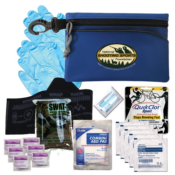 Nylon pouch filled with clotting gauze, tourniquet, gauze roll, protective gloves,... from ASI 80882 Ready 4 Kits